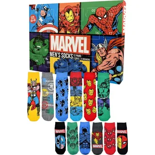 Marvel Adventskalender mit 12 Paar Socken Größe 40-45 für Herren Weihnachtskalender mit Sneakers und langen Socken