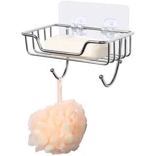 Uten Seifenschale ohne Bohren, Seifenhalter Selbstklebend mit 2 Haken | Edelstahl, Schwammhalter für Dusche, Bad, Küche