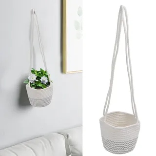 Hängender Korb Aus Baumwolle Und Jute – Robuster Pflanzenhalter, Dekorativer Aufbewahrungskorb Für Zuhause – Durchmesser 19 Cm, Höhe 17 Cm, Weiß
