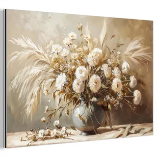 METALLBILD Blumen - Vase - Stilleben - Beige Wanddeko 90x60 cm