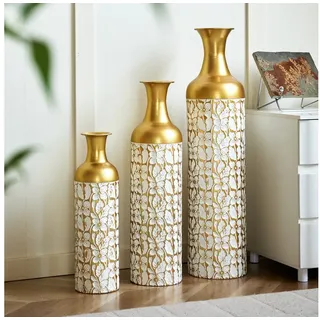 BlingBin Bodenvase Bodenvase Große 3er Set (50/66/83 cm) - Metallvasen mit Rillenmuster (3er Set, 3 St., Groß: 20*20*83CM/Mittel: 17*17*65CM/Klein: 14*14*50CM), Dekorative Vase für Wohnzimmer, Flur und Schlafzimmer, Weiß+Gold weiß