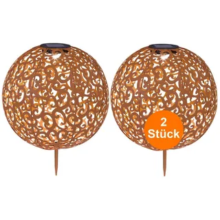 bmf-versand LED Solarleuchte Solarleuchten Garten 2er Set Kugel Metall Rostoptik Solarlampe Außen, Rost farben, LED fest integriert, Warmweiß, Solarkugel braun