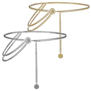 XUBX 2er Set Kettengürtel für Damen, Verstellbarer Multi-Layer Taillenkette, Silber und Golden Metallgürtel für Kleid, Taillengürtel, Metallkörperkette für Jeans, Kleider, Gürtel Metall Link Kette