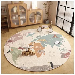 WOLWES Runder Teppich mit runder Weltkarte für Kinder, Baumwollboden(B,200cm/79in/6.5ft)