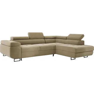 Ecksofa MONTANA 202x277 cm, Wohnlandschaft L-Form, Eckcouch mit Schlaffunktion und Bettkasten, Polsterecke, Samt Sofa, Couch - Rechts Beige MH04 - Beige