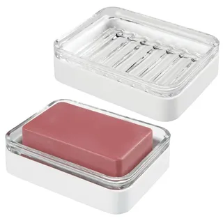 mDesign Seifenschale aus Bambus und Glas (2er Set) - Seifenschale praktisch und umweltfreundlich - Seifenschale für Bad oder Küche - transparent/weiß