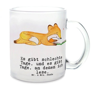 Mr. & Mrs. Panda Teeglas Fuchs Lesen - Transparent - Geschenk, Bücher lesen, Teetasse, Sport, Premium Glas, Edler Aufdruck