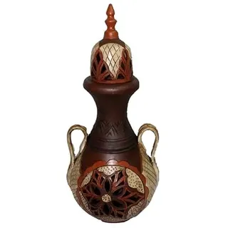 DONREGALOWEB Gekochte Tonvase mit Deckel in Braun und Creme handbemalt