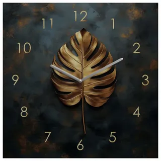 Levandeo® Wanduhr (Wanduhr 30x30cm Metall Schwarz Gold Wanddeko Monstera Blatt Edel)