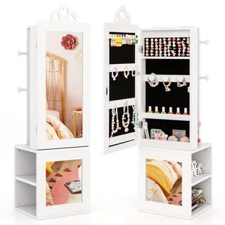 GOPLUS Kinder Schmuckschrank, Kosmetikschrank mit Ganzkörperspiegel, 3 Schubladen, 6 Armbänderhaken, 4 Halskette, 4 Ablagefächer & 18 Ohrringschlitze, für Kinder ab 3 Jahren (Herz,Weiß)