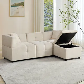 Modulares Sofa 204x126x69 Cm Aus Beiger Chenille, 3 Sitzer Mit Modulierbarem Hocker-bettkasten Und 2 Kissen