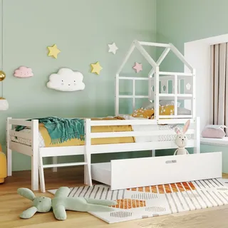 okwish home Kinderbett 90x200cm, mit Leiter und Schubladen, inklusive Lattenrost-Hochbett, Anti-Sturz-Kinderbett, Massivholz weiß (Matratze nicht ... - Weiß