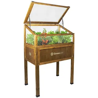 QLS Gewächshaus Mini Vintage für Balkon 80x45 cm, aus Holz Hochbeet Frühbeet Terrasse braun