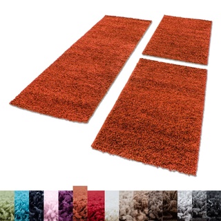 Unbekannt Shaggy Hochflor Teppich Carpet 3TLG Bettumrandung Läufer Set Schlafzimmer Flur, Farbe:Terra, Bettset:2x60x110+1x80x150
