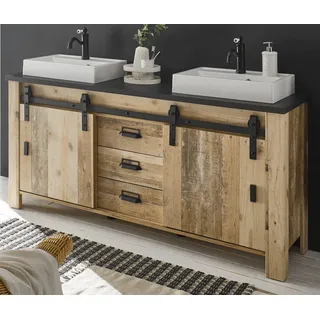 furn.design Doppelwaschtisch Stove in Used Wood hell und anthrazit Set inkl. 2x Waschbecken Breite 164 cm