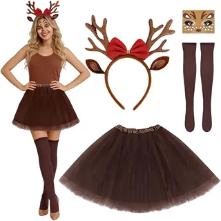 XILEPINGAN Reh Kostüm Damen, Rentier Haarreif und Tüllrock Temporäre Tattoos Socken Weihnachtskostüm Reh Kostüm Tierkostüm Erwachsene für Halloween Weihnachten Cosplay