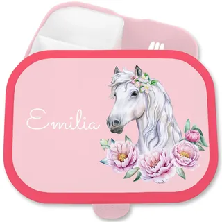 Shirtracer Mepal Brotdose Kinder personalisiert Pferdekopf Blumen Name | Rosa, 750 ml, mit Fächern, Schule, Campus, spülmaschinenfest, Vesperbox, Snackbox, Jausenbox, Kindergarten, Einschulung