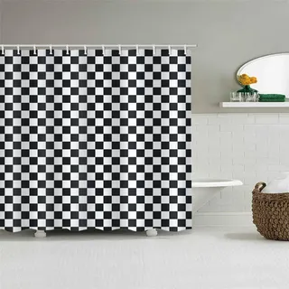 INAAYO 3D Duschvorhang 200x200 Schwarz-Weiß Kariert Duschvorhänge Antischimmel Wasserdicht Badevorhang Schwarz-Weiß Kariert Duschrollo für Badewanne Dusche Shower Curtains, 12 Duschvorhang Ringe