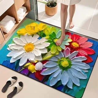 Absorbierende Kieselgur Badematten 80x120 cm Rutschfeste Badvorleger 3D Ölgemälde Bunt Blumen Pflanze Muster Badteppich Schnell Trocknend Leicht zu reinigen Duschmatte Fußmatte für Badezimmer Küche