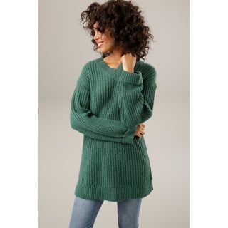 Longpullover ANISTON CASUAL Gr. 36, grün (petrolgrün, meliert) Damen Pullover Grobstrickpullover mit fixierten Umschlag an den langen Ärmeln