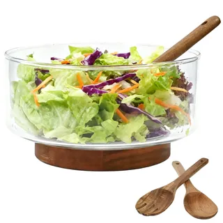 Salatschüssel Glas Groß 3700ml Salatschalen Glas mit Holz Salatbesteck