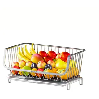 304 Edelstahl 2-stöckiger Obstkorb für die Arbeitsplatte, silberfarbene Aufbewahrung, stapelbarer Drahtständer, stapelbare Regale für Gemüse, Lebensmittel, Küche, Aufbewahrungsregal – Obst- und
