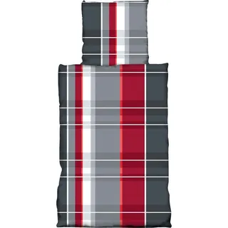4 tlg Flausch Bettwäsche 135 x 200 cm Streifen rot grau Thermofleece - Grau