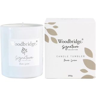 Woodbridge Duftkerze im Glas mit Deckel | Pure Linen | Duftkerze Frisch | kleine Duftkerze | Brenndauer bis 50h | Weiße Kerzen (250g) | Signature Kollektion