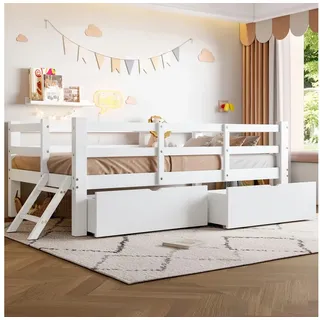 Flieks Kinderbett, Halbhochbett Einzelbett 90x200cm mit 2 Schubladen und Leiter weiß