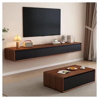 Vormontierte, schwebende TV-Einheit mit Schubladen, wandmontierter TV-Schrank aus Holz, moderne schwebende Medienkonsole mit großem Stauraum, platzsparende TV-Bank unter dem Fernseher für Wohnzimmer