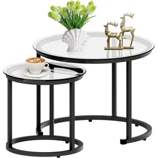 Huhote Couchtisch Rund, Satztisch 2er Set, Wohnzimmertisch, Couchtisch aus Glas, Beistelltisch Set, Kaffeetisch Modern, Sofatisch für Wohnzimmer, Schlafzimmer, Büro, Balkon, Schwarz Metallgestell