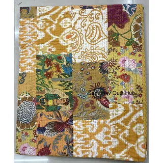 Multi Floral sortierte Baumwolle Patchwork Kantha Quilt Home Dekorative handgemachte Patch Gesteppt King Size Bohemian Bettwäsche Überwurf Decke Vintage Quilt (gelb, 228 x 274 cm)