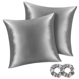 BEDELITE Satin Kissenbezug 80x80 Grau - Kopfkissenbezug 2er Set Weich wie Seidenkissenbezug 80 x 80 Sommer mit 2 Haargummis für Haar und Haut, Similar to Silk Pillowcase Pillow Cover