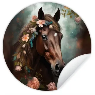 MuchoWow Wandsticker Pferd - Natur - Blumen - Tiere - Wald (1 St), Runde Aufkleber für Wohnzimmer, Selbstklebend, 100x100 cm bunt 100 cm x 100 cm x 0.1 cm