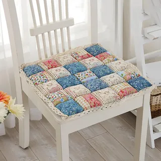 Patchwork-Stuhlkissen mit Bändern, quadratisches Spitzen-Sitzkissen, rutschfestes Sitzkissen, Bauernhaus-Blumendruck, Küche, Esszimmer, Stuhlkissen für Zuhause, Büro, 40,6 x 40,6 cm, Blau 1)