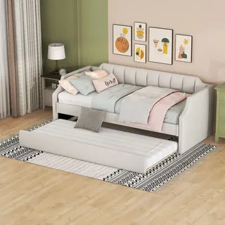 Fortuna Lai Polsterbett 90 x 200(190) cm mit Bettkasten, Rollbett, Tagesbett Schlafcouch Gästebett Ausziehbar, Beige - Beige