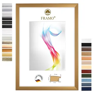 FRAMO Holz Bilderrahmen 65 x 65 cm (Bildmaß) quadratisch in Gold-schlicht | Größe wählbar | Rahmen für Poster | Puzzle | Foto collage | Maßanfertigung | Fotorahmen nach maß
