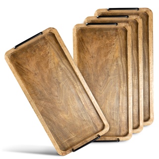 Novaliv 4X Serviertablett aus Mangoholz 60 x 33 x 2,5 cm/hochwertiges Holz Tablett mit Griffen/Robustes Serviertablett mit Henkel für Speisen, Getränke oder als Dekoration