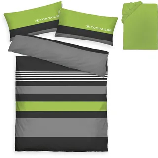 TOM TAILOR HOME Bettwäsche Carl in Gr. 135x200 oder 155x220 cm, Biber, 3 teilig, mit GRATIS-Zugabe: Spannbettlaken, 100% Baumwolle, mit Reißverschluss grün