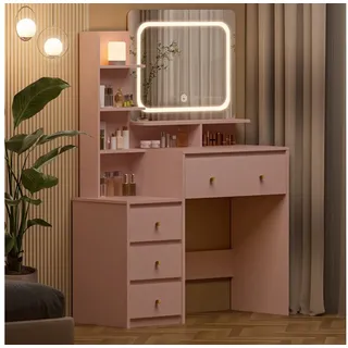 Lexzurn Schminktisch Schminktisch mit LED-Beleuchtung, Kosmetiktisch mit Spiegel, 4 Schubladen+6 offene Fächer, Helligkeit verstellbar, 92.6x132x36 cm rosa