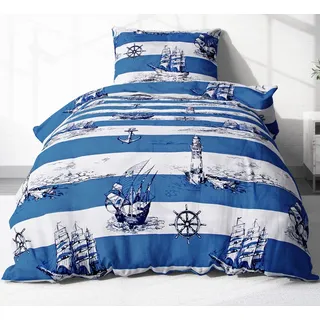Heubergshop Bettwäsche, Renforcé, 2 teilig, 135x200cm + 80x80cm Leuchtturm Maritime Anker Schiff (736-2-Renforce) blau