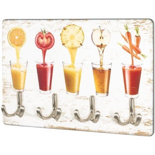 möbelando Schlüsselleiste Fruit, Schlüsselboard aus MDF mit UV-Direktdruck (Fruchtsäfte), 4 Schlüsselhaken aus Metall in Edelstahloptik bunt