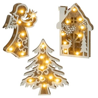 Weihnachtsdeko LED Figuren Holzdekoration Adventbeleuchtung Fensterdeko, Weihnachtsbaum Engel Haus, Holz Natur, 9x LED warmweiß, HxBxT 29,5x20x3 cm