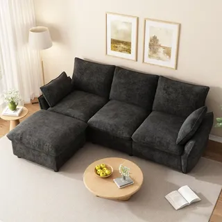 okwish 3-Sitzer Sofa mit 1 Hocker und 2 Kissen, Ecksofa mit weicher Rückenlehne,Chenille, Schlafsofa in Dunkelgrau - Dunkelgrau