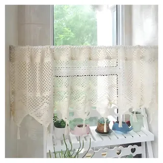 Vintage Hohle Häkelnspitze Vorhänge, Shabby Chic Bistrogardinen mit Quasten, Beige Baumwolle Leinen Kurzgardine