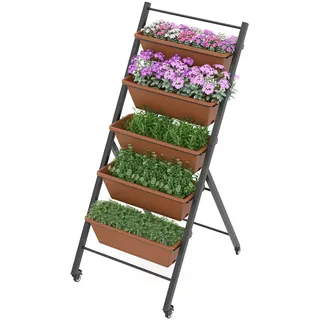 RELAX4LIFE Vertikalbeet mit 5 Blumenkästen, Vertikales Hochbeet mit 5 Etagen, Kräuterbeet mit Feststellbaren Rädern & Metallrahmen, Mobile Pflanztreppe für Balkon Garten (Braun, 74 x 57 x 127 cm)