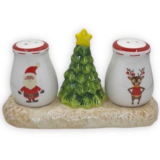 MIJOMA Salz- & Pfefferstreuer Set - Stilvolles Porzellandesign, Lebensmittelecht, Einfach zu Befüllen - Verschiedene lustige & niedliche Designs zur Auswahl (Santa & Rentier, 3-teilig)