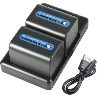 NP-FM70/QM71D/NP-QM71 (2 Stück) Wiederaufladbarer Akku Ersatzakku und Dual Ladegerät Kompatibel mit Sony NP-F550,F750,F970,FM55H,FM500H,HVL-IRM,HVL-ML20M,HVR-A1U,npf Akkuladegerät usw