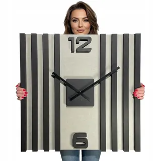 FLEXISTYLE Moderne Wanduhr LAMELE SQ 60 cm – Große Designer Holzlamellen Uhr, Geräuschloses Uhrwerk, Schwarze Minimalistische Loft Wanduhr für Wohnzimmer & Schlafzimmer