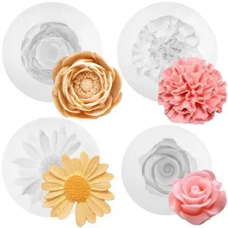 Silikon Gießform 4er Set Blumen (Rose, Nelke, Gänseblümchen, Pfingstrose) für Kerzen & Seife